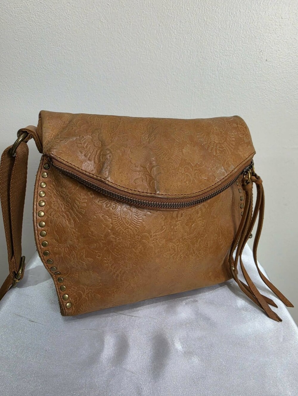 The Sak Crossbody Bag Silverlake Leather Stamped Embossed Brown Floral Rivets
